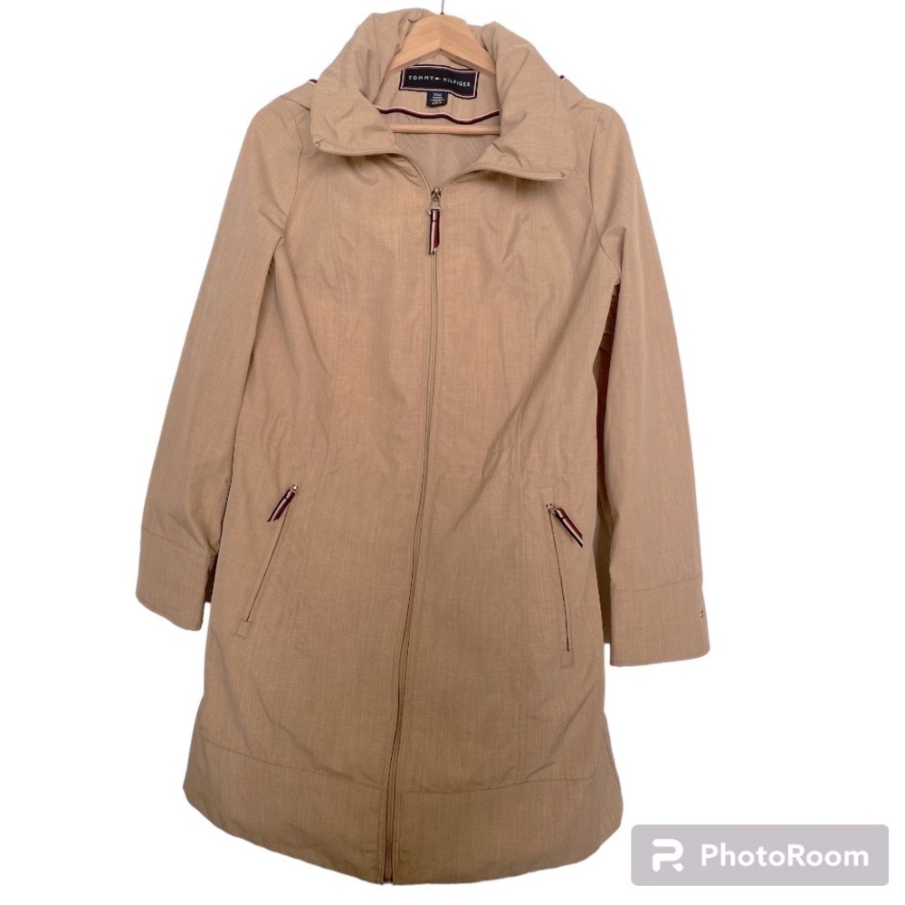 TOMMY HILFIGER TAN TRENCH COAT WITH HOOD AND POCKETS SIZE SMALL